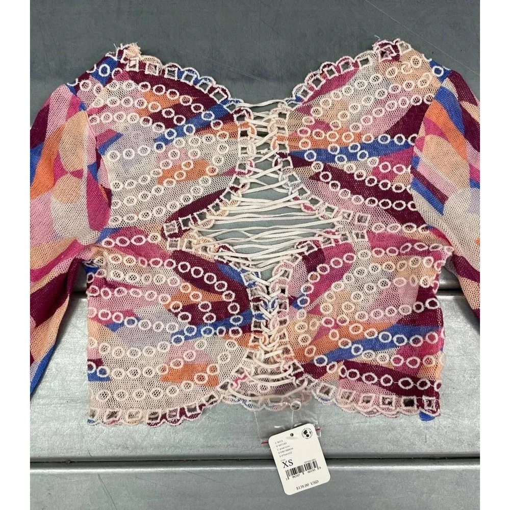 Free People Multicolor Crochet Sequin Bell Sleeve Crop Top